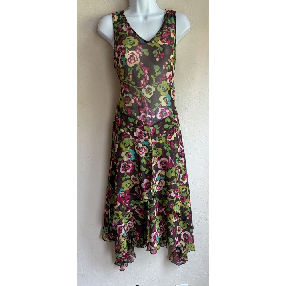 Vintage 90s Y2K 100% Silk Floral Midi Dress 4 Romantic Fairy Basque Semi Sheer